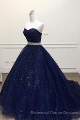 Navy Blue Ball Gown Court Train Sleeveless Mid Back Sparkle Semi Formal Prom Dresses